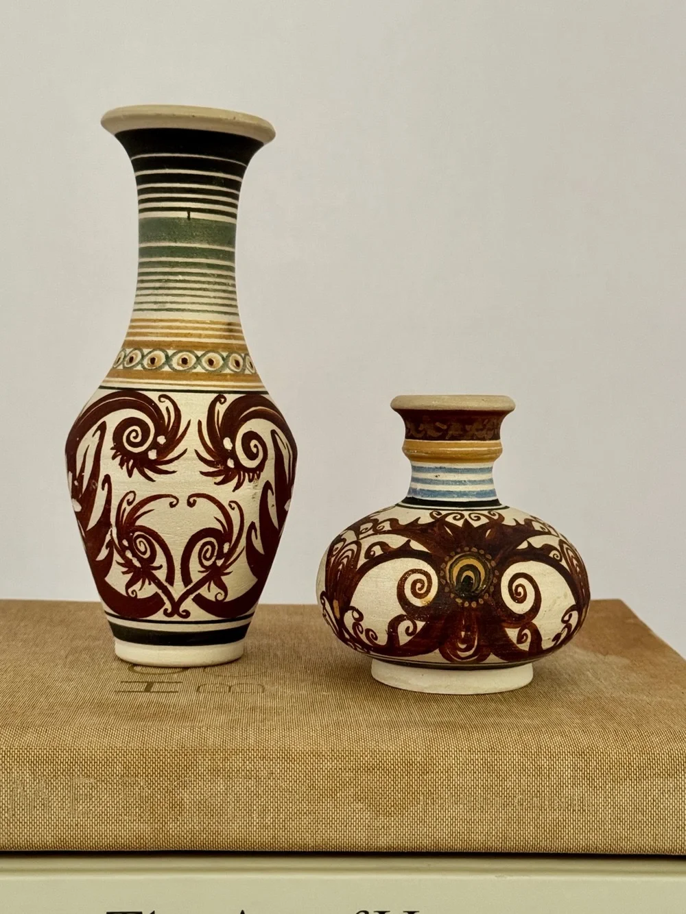 Vintage Hand Painted Studio Pottery Vase Pair Folk Art Boho MCM Floral